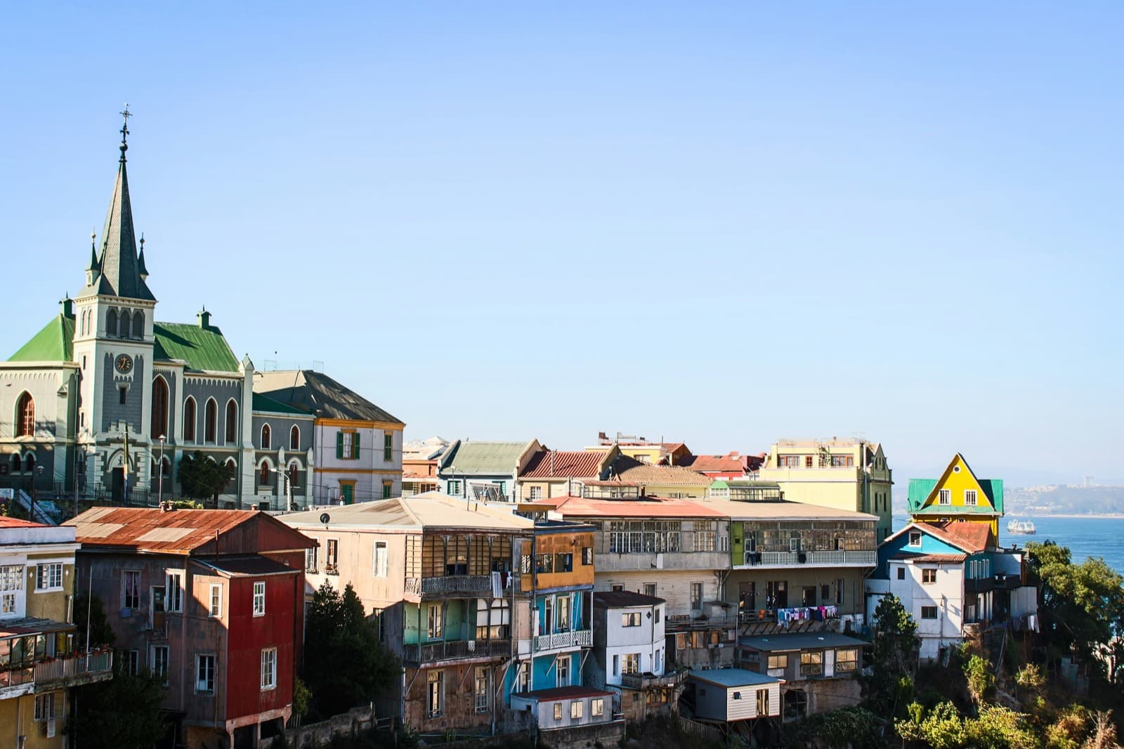 Colorful Valparaiso hillside with church and homes